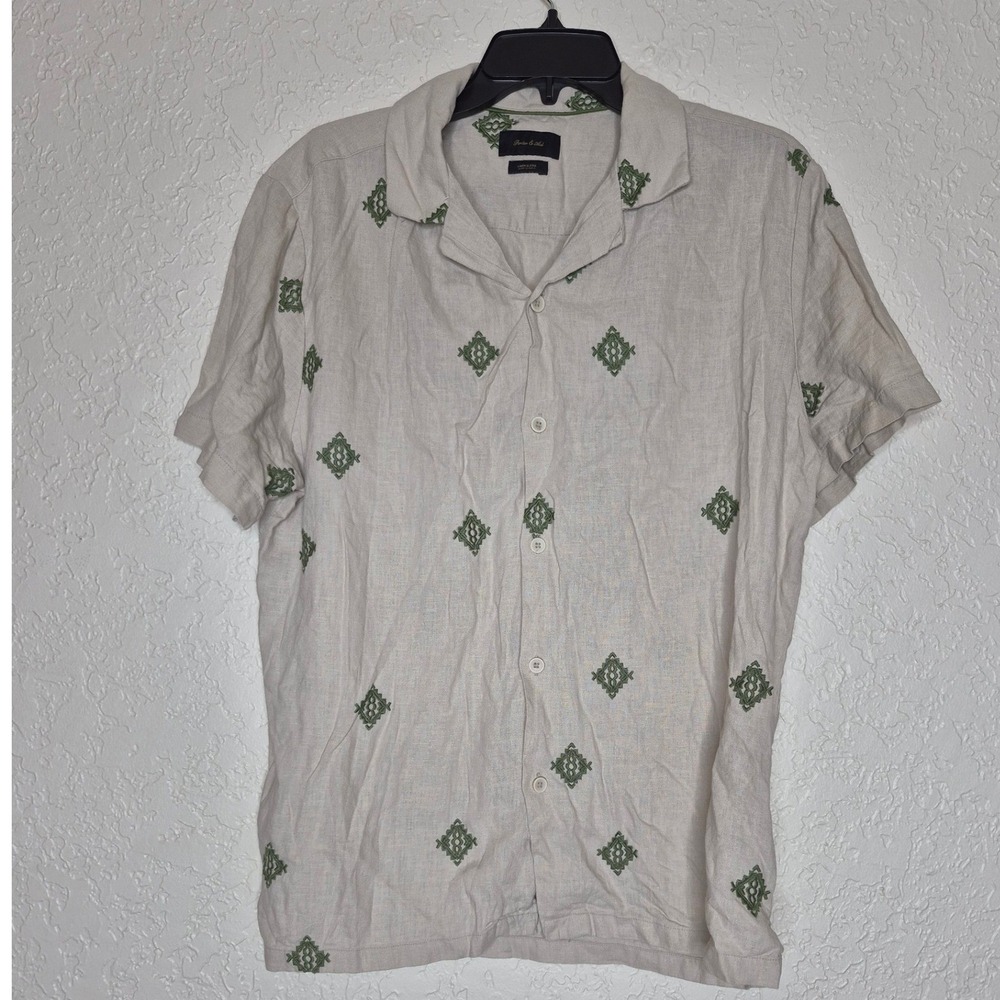 Porter & Ash Mens Linen Blend Embroidered Short Sleeve Button Up Shirt Beige L